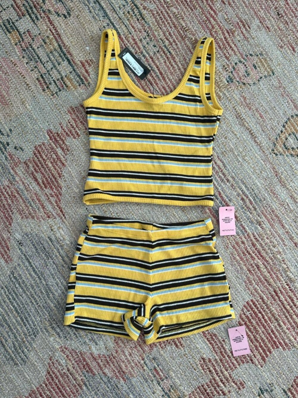 Pretty Little Thing Yellow Stripe Jersey Tank + Shorts NWT